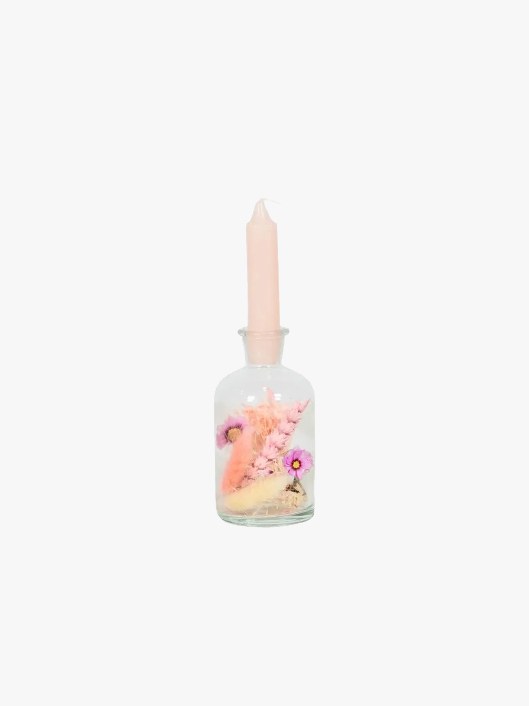 BOUGEOIR AVEC FLEURS SECHEES ET BOUGIE ROSE